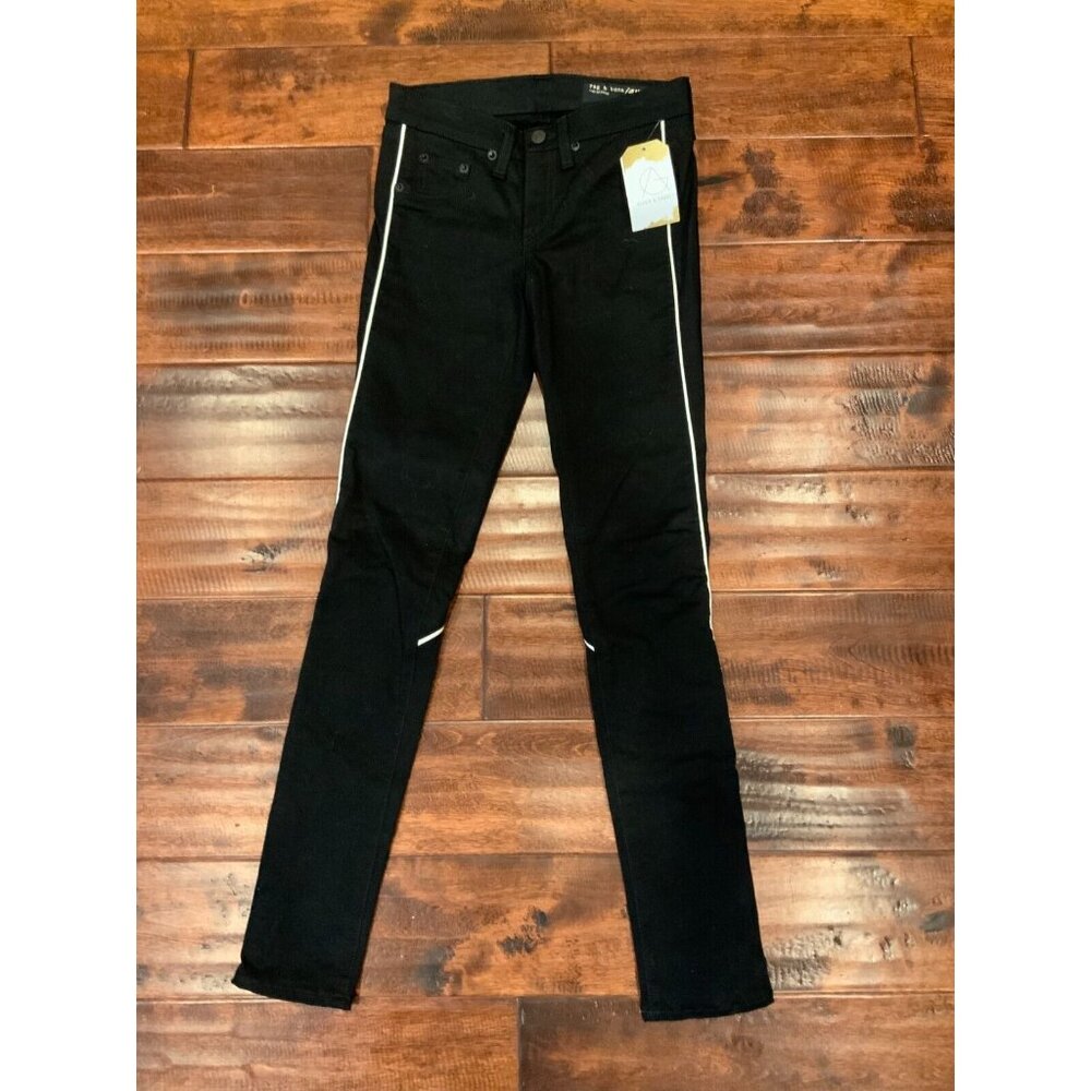 Rag & Bone Black Denim Skinny Jeans w/ White Piping, Size 24